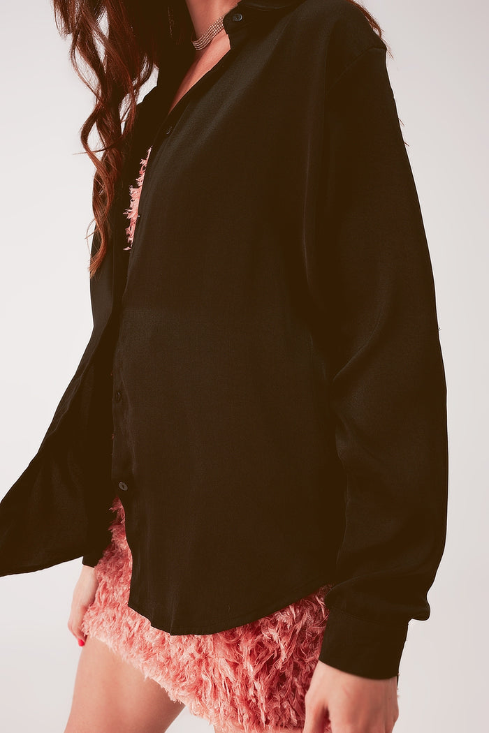 Relaxed satin long sleeve shirt in black - Shirts