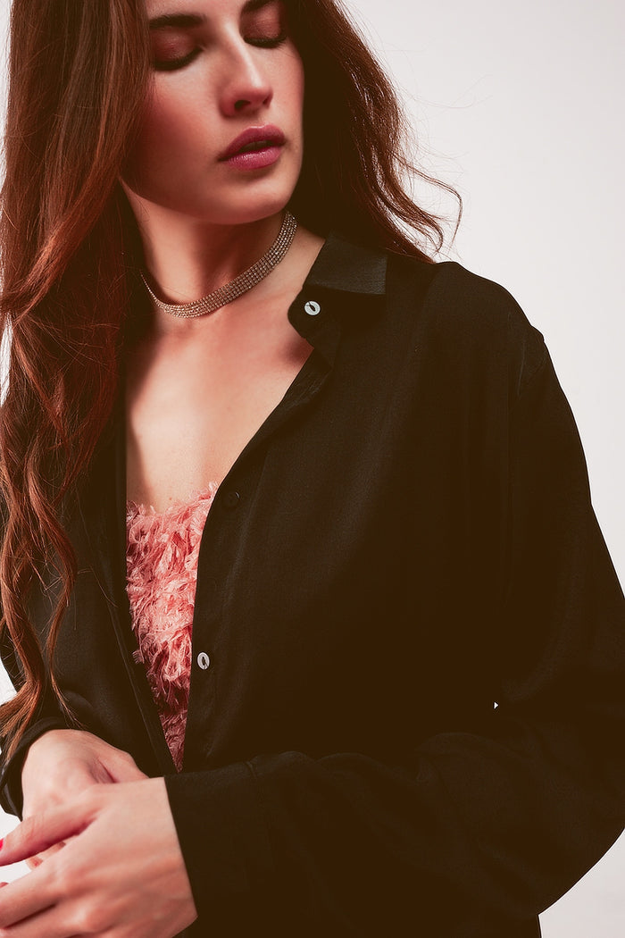 Relaxed satin long sleeve shirt in black - Shirts