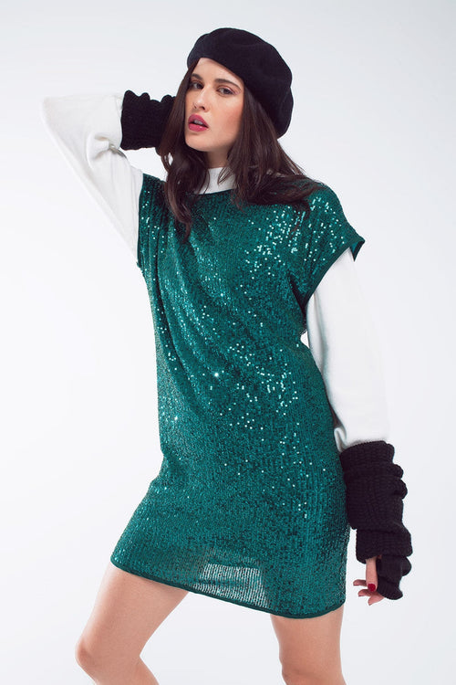 Relaxed Sequin Dress With Short Sleeves and Open Back in Green - dress