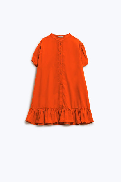 Relaxed Shirt Dress With Balloon Short Sleeves and Ruffle In Orange - dress