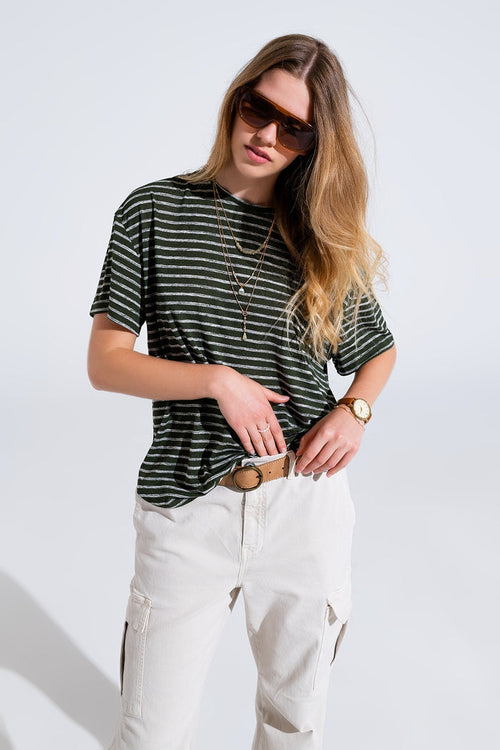Relaxed Striped T-shirt With Crew Neckline In Khaki - top