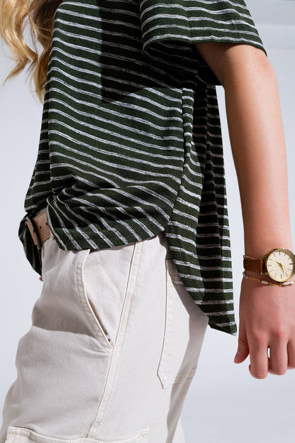 Relaxed Striped T-shirt With Crew Neckline In Khaki - top