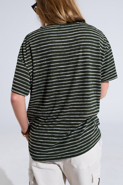 Relaxed Striped T-shirt With Crew Neckline In Khaki - top