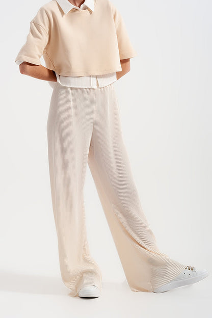 Relaxed wide leg trousers in plisse cream - trousers