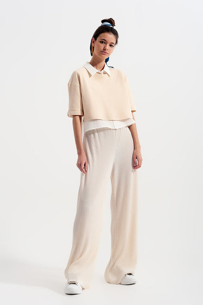 Relaxed wide leg trousers in plisse cream - trousers