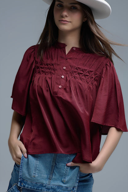 Relaxed wine-colored boho-style blouse with embroidered details - Shirts