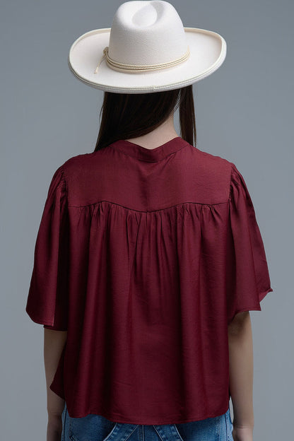 Relaxed wine-colored boho-style blouse with embroidered details - Shirts