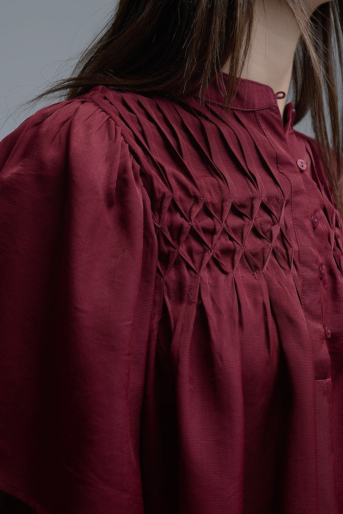 Relaxed wine-colored boho-style blouse with embroidered details - Shirts