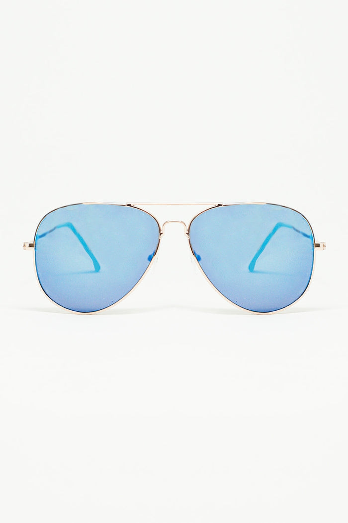 Retro Aviator Sunglasses  With Blue Smoke Lense and Golden Frame