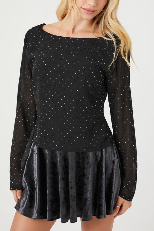 Rhinestone Cowl Back Long-Sleeve Top