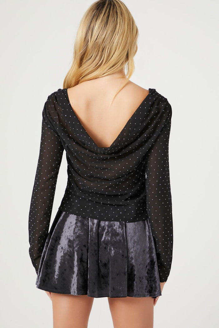 Rhinestone Cowl Back Long-Sleeve Top