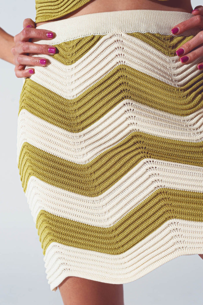Ribbed Knitted Mini Skirt in White and Green