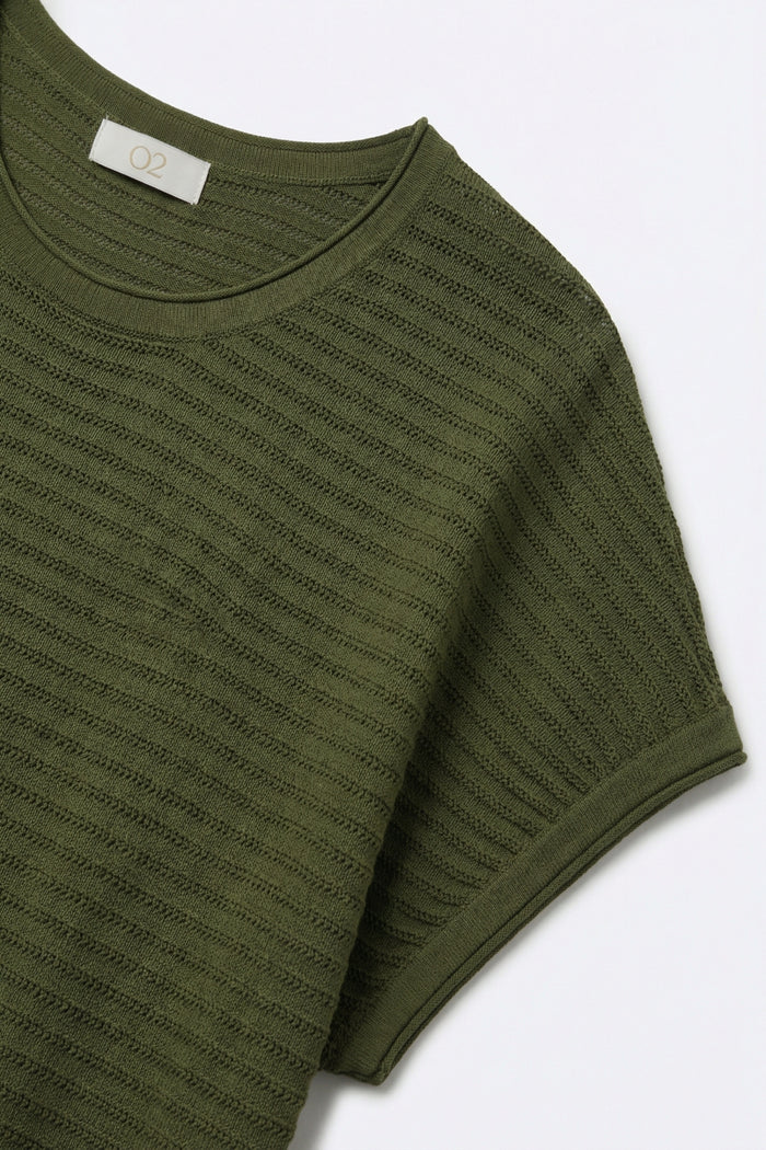 Ribbed knitted Short Sleeve sweater in olive green