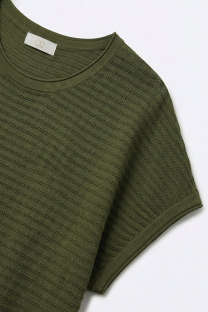 Ribbed knitted Short Sleeve sweater in olive green
