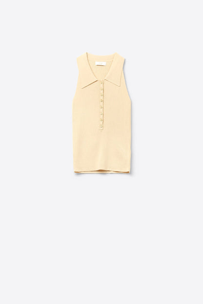 Ribbed knitted top with polo neck in butter yellow