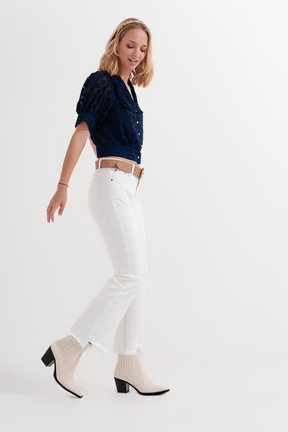 Rigid cropped flare jeans in cream with raw hem - Coloured Jeans