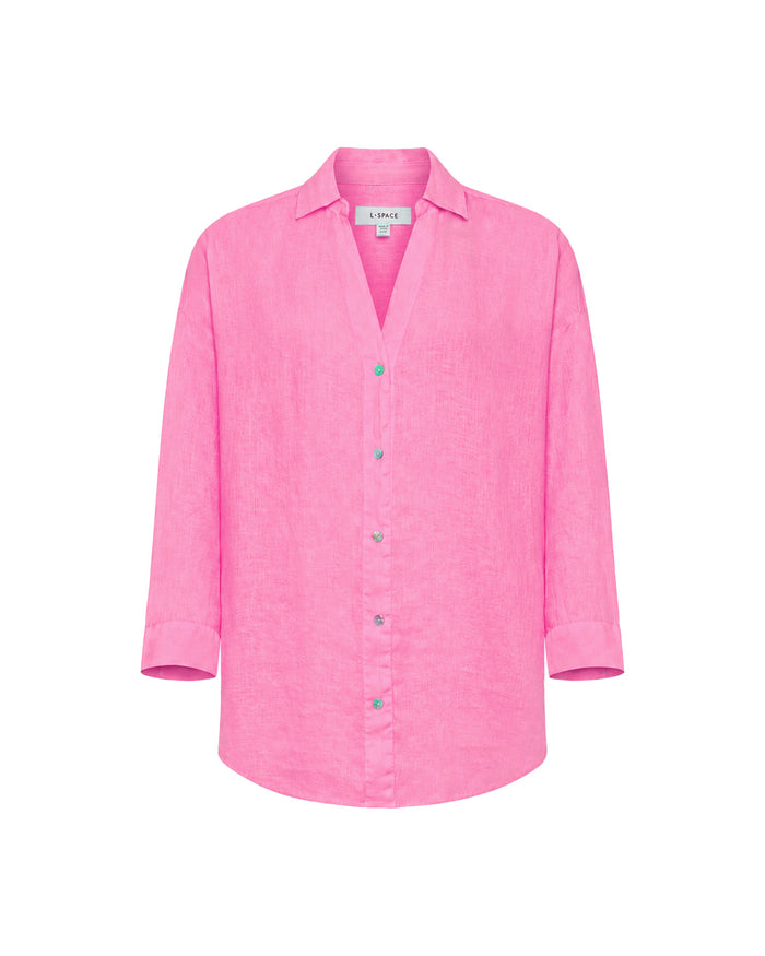 Off-model view of the LSPACE Rio Tunic in hottest pink, displayed flat on a white background to show the oversized linen button-up silhouette with three-quarter sleeves.