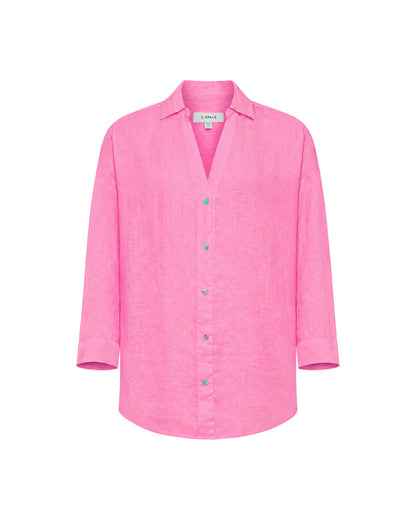 Off-model view of the LSPACE Rio Tunic in hottest pink, displayed flat on a white background to show the oversized linen button-up silhouette with three-quarter sleeves.