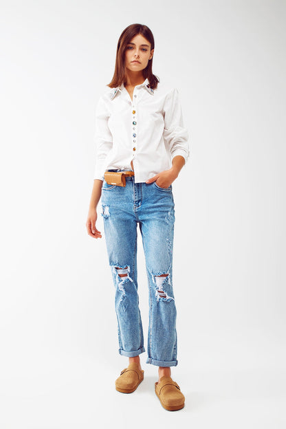 Ripped knee straight leg jeans in light blue wash - Denim