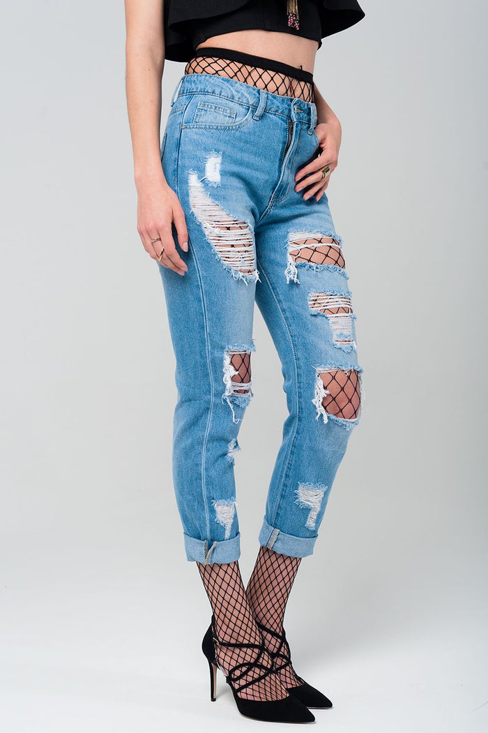 Ripped mom jeans with fishnet tights - Denim