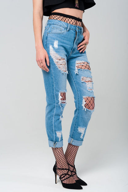 Ripped mom jeans with fishnet tights - Denim
