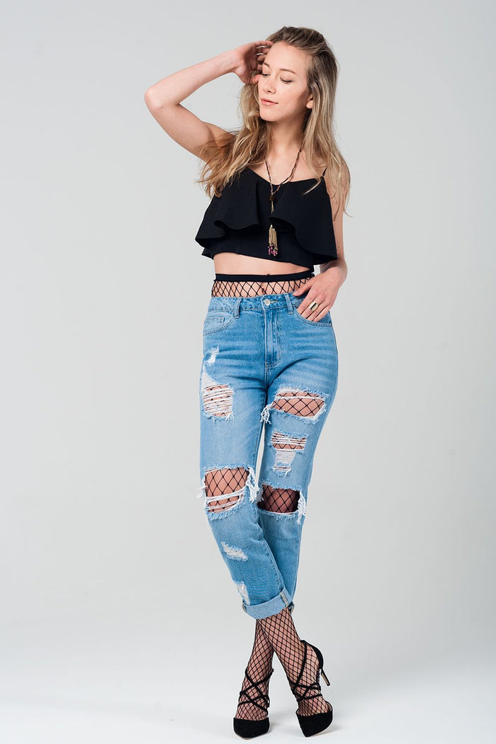 Ripped mom jeans with fishnet tights - Denim