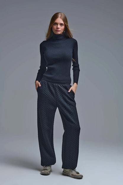 Rolled Turtle Neck Ribbed Sweater in black
