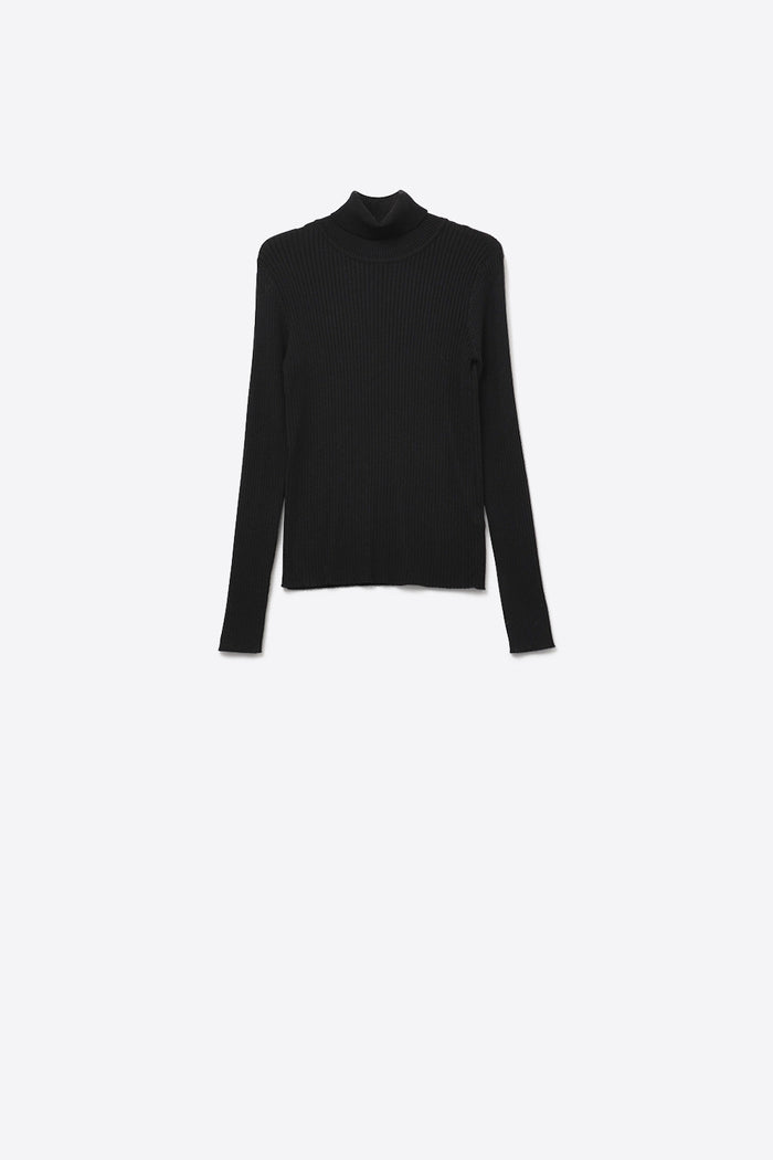 Rolled Turtle Neck Ribbed Sweater in black