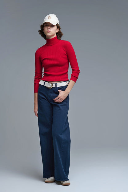 Rolled Turtle Neck Ribbed Sweater in Ruby Red