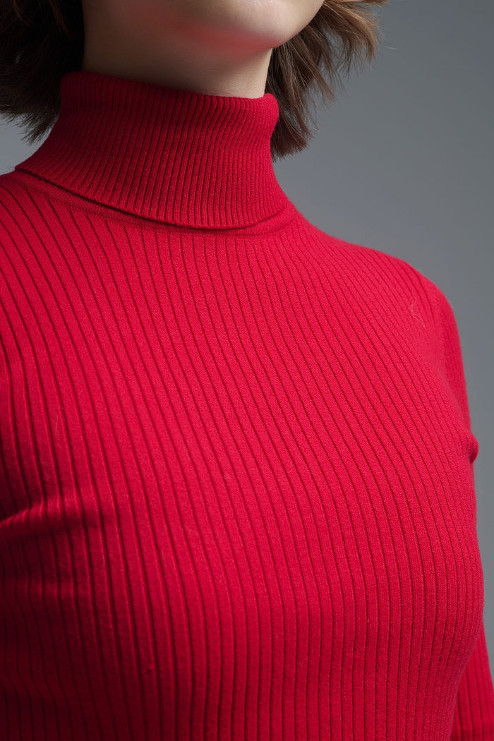 Rolled Turtle Neck Ribbed Sweater in Ruby Red