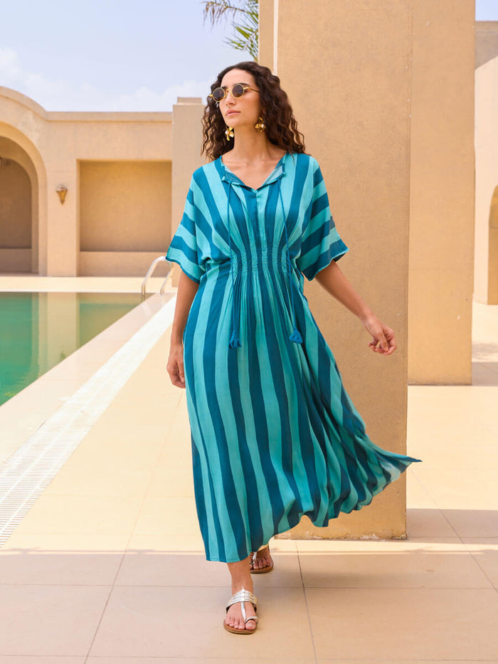 Blue Striped Modal Satin Kaftan Dress for Women | Pinklay