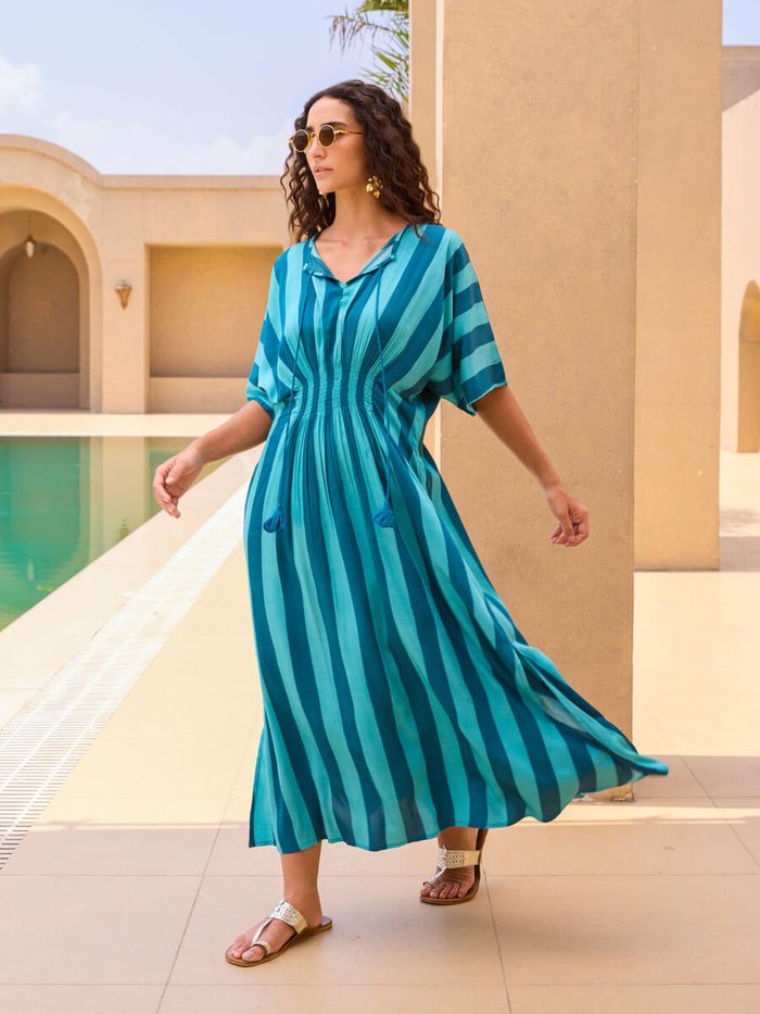 Blue Striped Modal Satin Kaftan Dress for Women | Pinklay