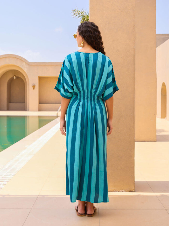 Blue Striped Modal Satin Kaftan Dress for Women | Pinklay