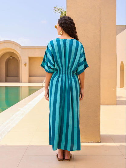 Blue Striped Modal Satin Kaftan Dress for Women | Pinklay