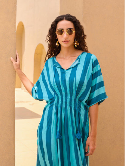 Blue Striped Modal Satin Kaftan Dress for Women | Pinklay