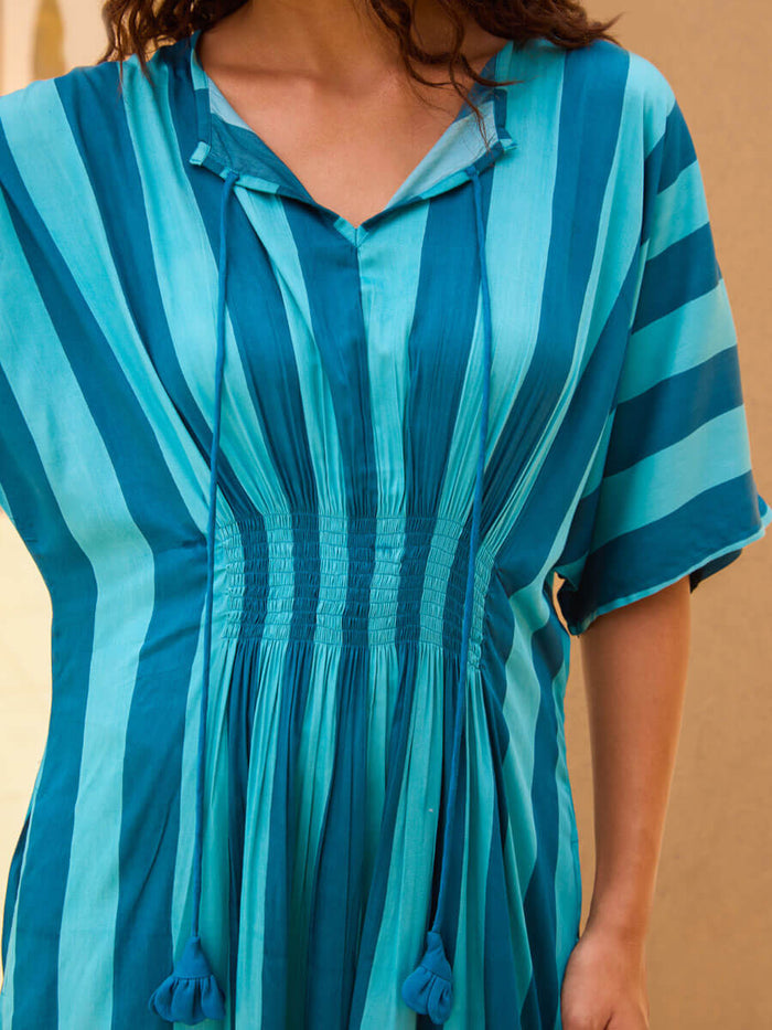 Blue Striped Modal Satin Kaftan Dress for Women | Pinklay