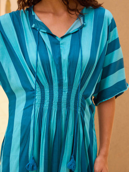 Blue Striped Modal Satin Kaftan Dress for Women | Pinklay