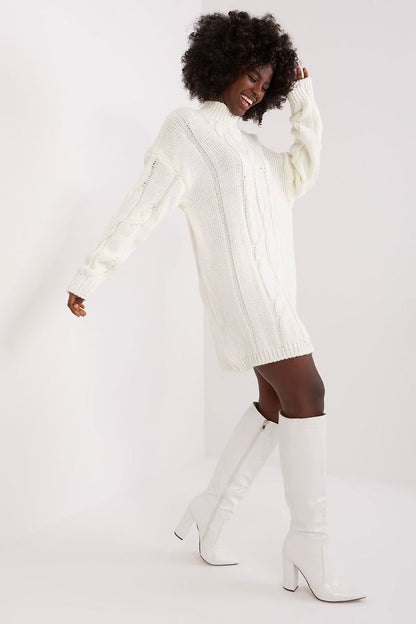 Rue Paris Cosy Winter Turtleneck Dress in Cream Knit - Dresses