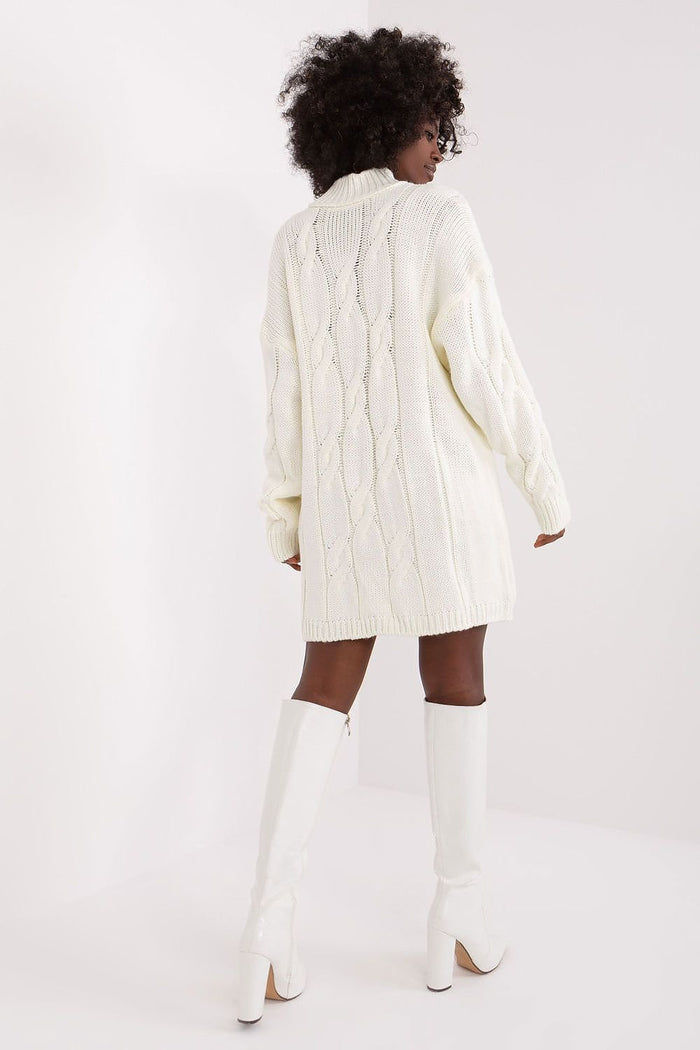 Rue Paris Cosy Winter Turtleneck Dress in Cream Knit - Dresses