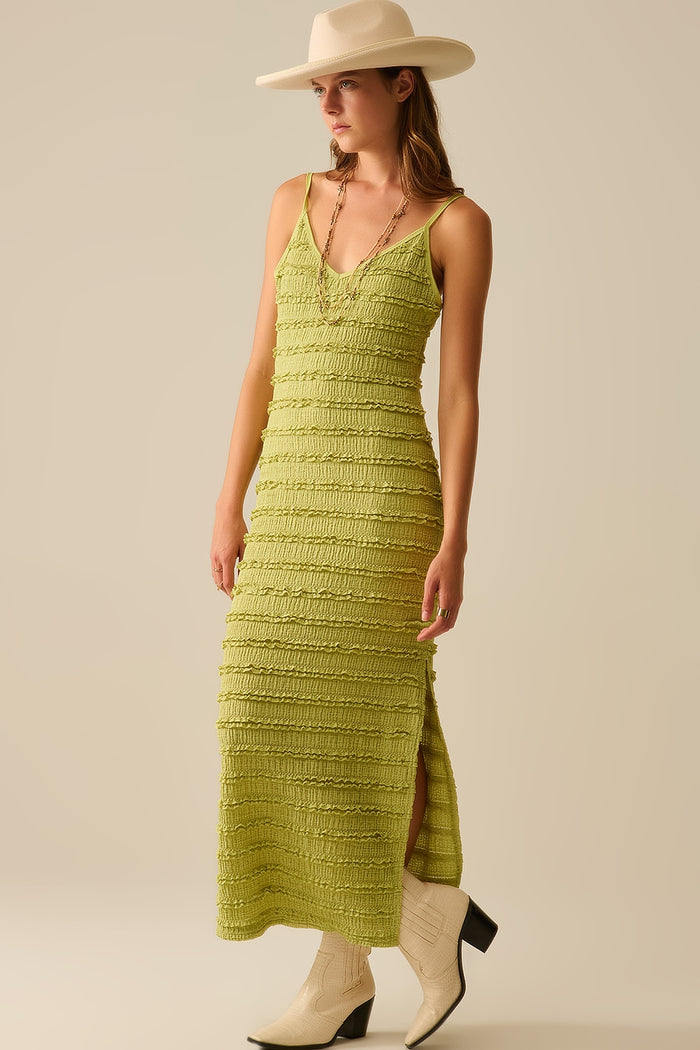 Ruffle Maxi Dress With Slit in Green color - dress