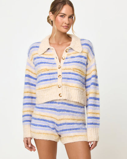 Seaside Stripe | Badge:New Arrival_#B2AC88_#ffffff'
LSPACE Rumi sweater in seaside stripe, front view on model.