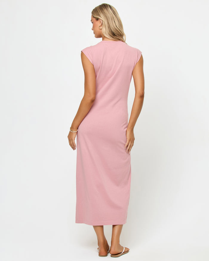 LSPACE Sacha maxi dress in Roseshadow, back view on model.