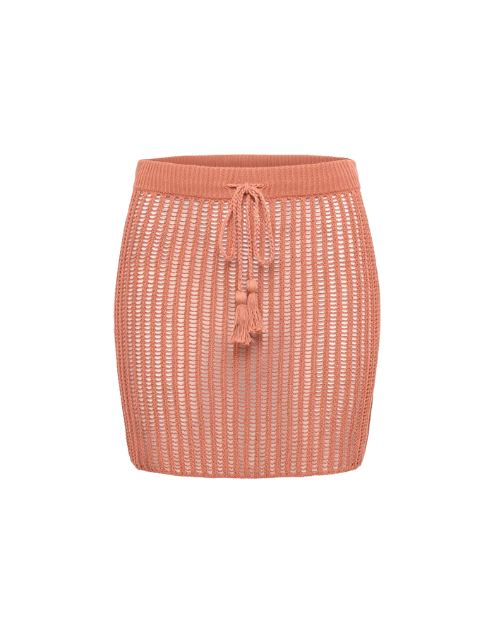 Off-model view of the LSPACE Sander Skirt in fresh squeezed, displayed on a white background to show the crochet texture and tassel drawstring waist.