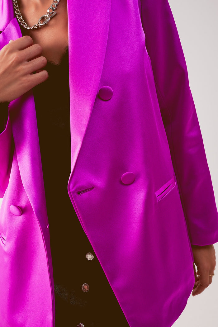 Satin double breasted suit blazer in fuchsia