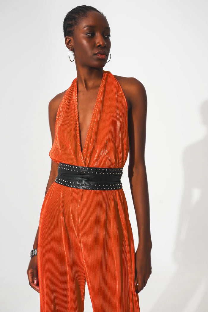 Satin halter neck pleated maxi jumpsuit in orange
