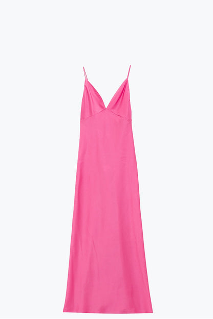 Satin Maxi Dress With Spaghetti Straps in Fuchsia - dress