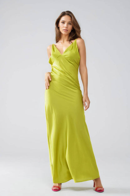 Satin Maxi Dress With Spaghetti Straps in Lime Green - dress