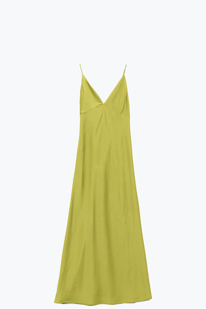 Satin Maxi Dress With Spaghetti Straps in Lime Green - dress