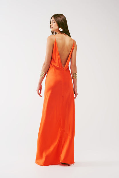 Satin Maxi Dress with Spaghetti Straps in Orange - dress