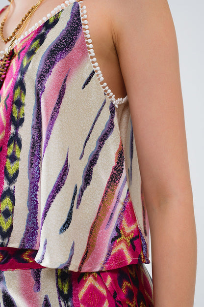 satin Multicolored Sleeveless Top With Abstract Print